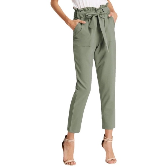 Grace Karin Pants - Grace Karin Sage Green Paperbag Waist Cropped Pants